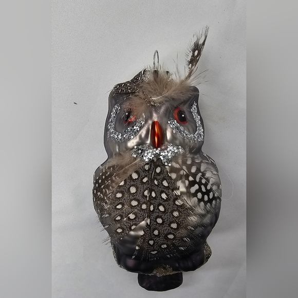 Vintage Blown Glass OWL 5" Christmas Ornament Brown Gradient Glitter Feathers - Picture 1 of 7
